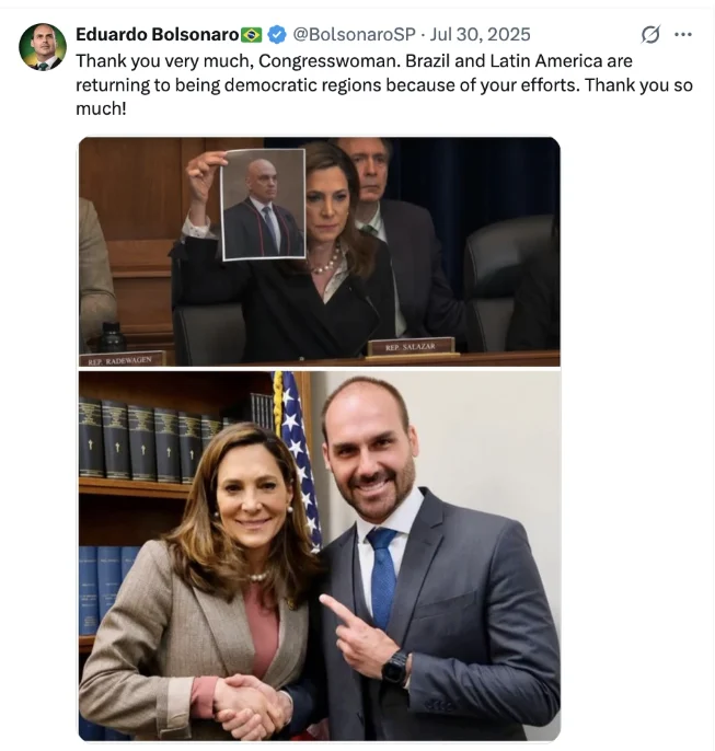 Post de agradecimento de Eduardo à atuação da deputada americana