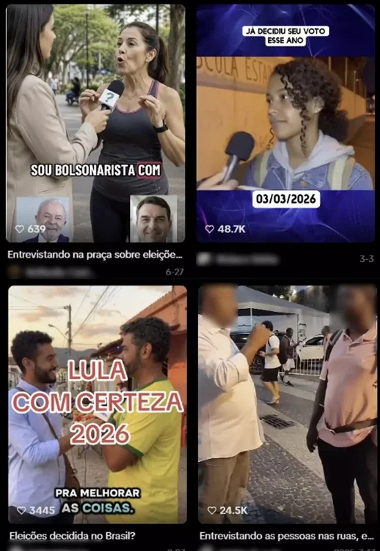 Plataforma recomenda lado a lado vídeos gerados por IA (os três primeiros) e uma entrevista de rua real (à direita)