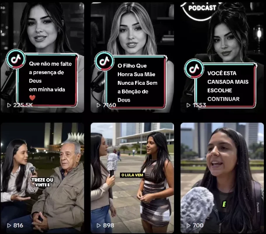 Um dos perfis se apresenta como um podcast — também gerado por IA — mas mescla o conteúdo central com falsos depoimentos de eleitores
