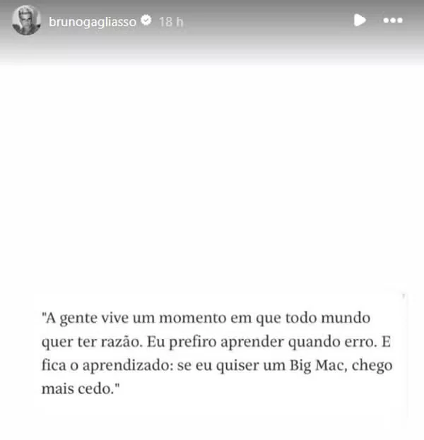 Bruno Gagliasso reconheceu ter sido "impulsivo" após polêmica com o McDonald's — Foto: Redes Sociais