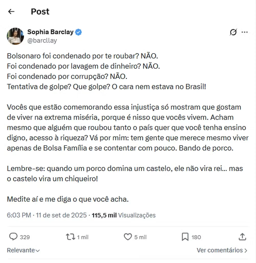 A publicação de Sophia Barclay sobre a condenação do ex-presidente Jair Bolsonaro onde cita o Bolsa Família — Foto: Reprodução/X