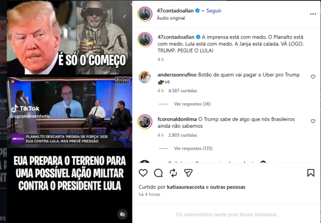 Publicação de Allan dos Santos no Instagram dia 13 de julho de 2026 incitando intervenção dos Estados Unidos no Brasil