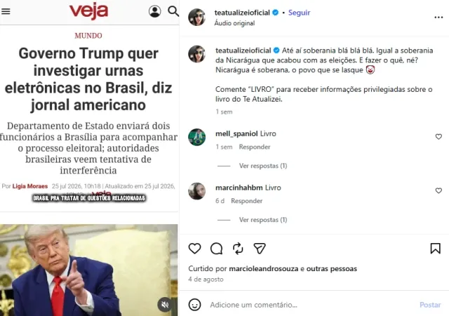Perfil administrado por Bárbara Zambaldi no Instagram repercutindo o discurso de Trump sobre as urnas eletrônicas brasileiras