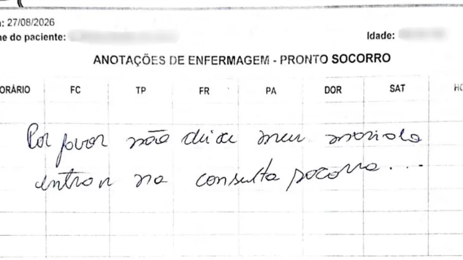 Mulher escreve pedido de ajuda em prontuário médico no PRImagem: Reprodução/Polícia Civil do Paraná