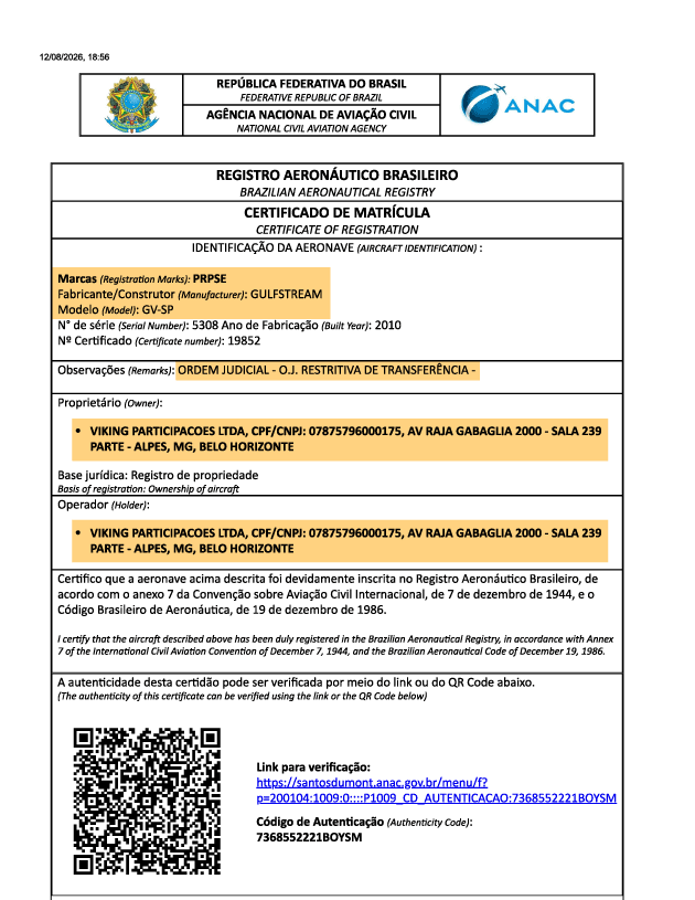 Certificado de matrícula de aeronave de ex-banqueiro. (Foto: Reprodução)
