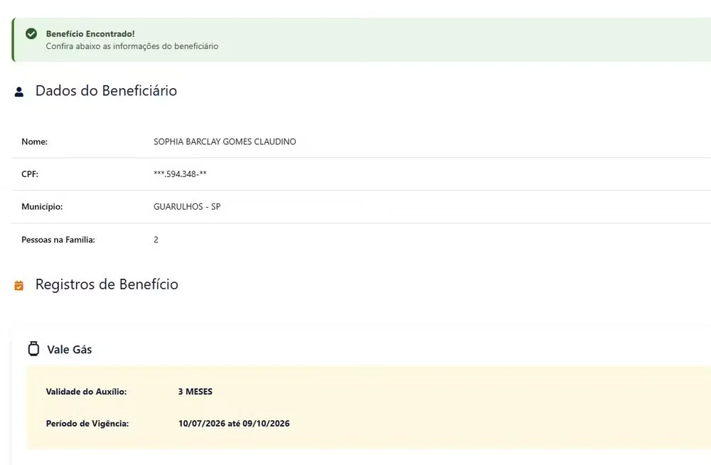 A candidata Sophia Barclay aparece como beneficiária do Gás do Povo — Foto: Consulta Gás do Povo