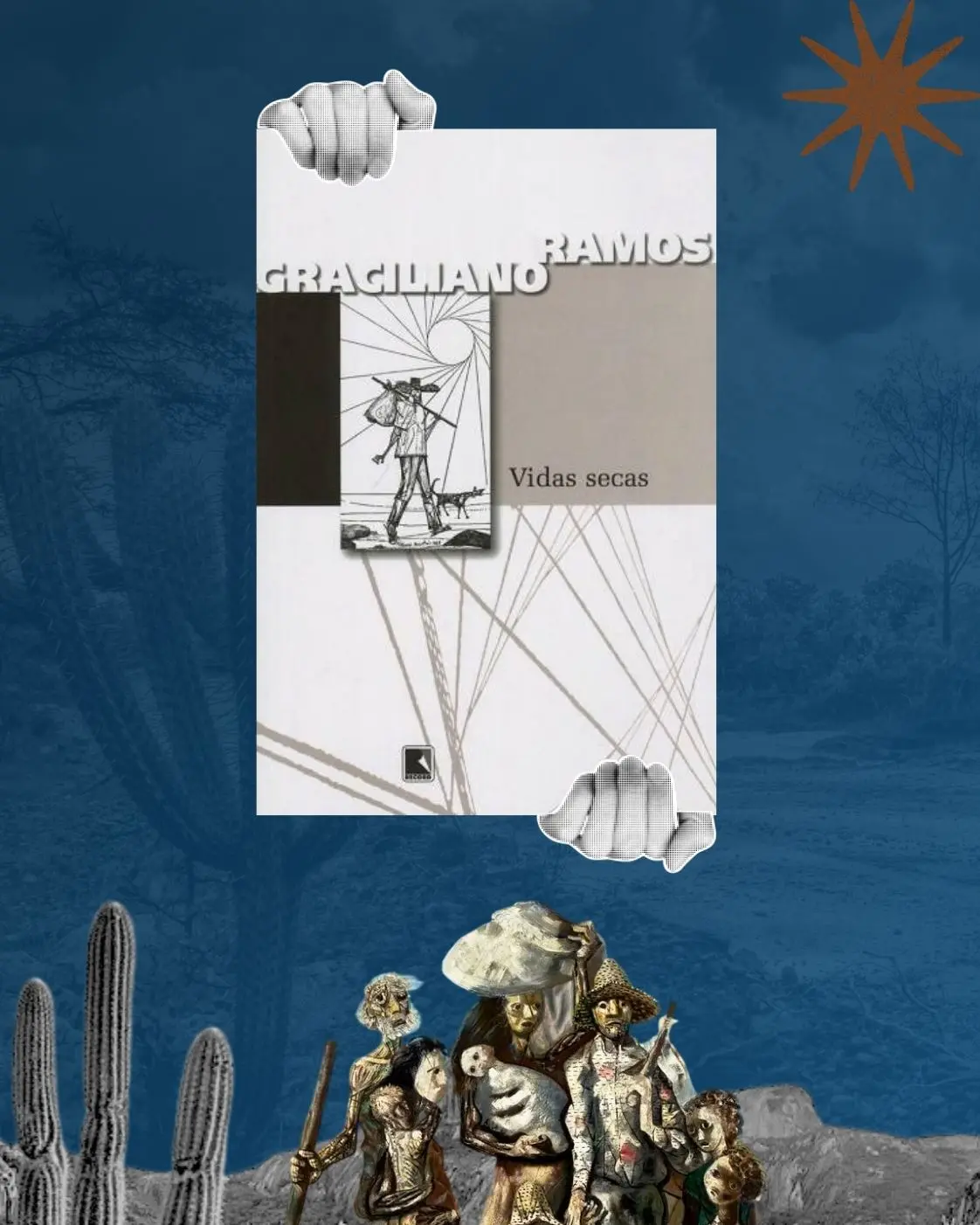 Vidas Secas, de Graciliano Ramos Capa de Vidas Secas, de Graciliano Ramos, sobre paisagem árida do sertão, com cactos e representação de uma família de retirantes na parte inferior.