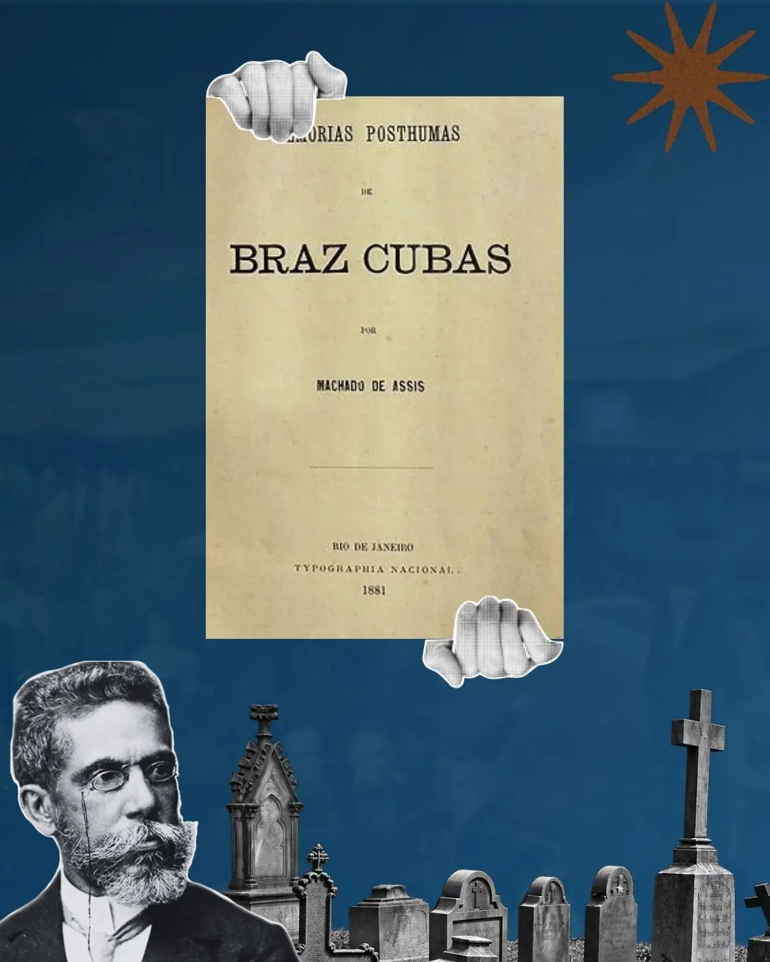 Memórias Póstumas de Brás Cubas, de Machado de Assis Capa de Memórias Póstumas de Brás Cubas, de Machado de Assis, sobre fundo azul, com retrato do autor e lápides de cemitério em preto e branco.
