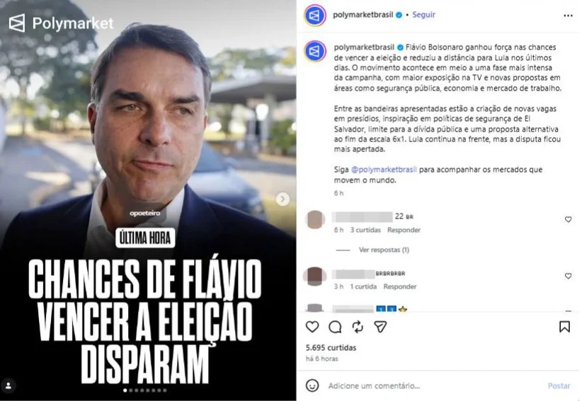Post no Instagram da @polymarketbrasil (agora @polymarketportugues) do dia 31.ago.2026