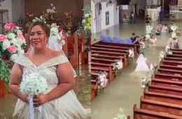 De branco, noiva enfrenta enchente e se casa em igreja alagada nas Filipinas