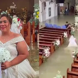 De branco, noiva enfrenta enchente e se casa em igreja alagada nas Filipinas