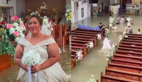 De branco, noiva enfrenta enchente e se casa em igreja alagada nas Filipinas