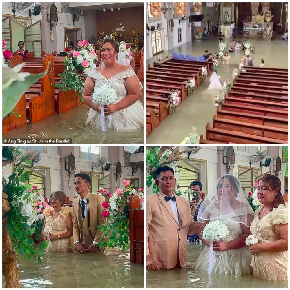 Casamento acontece dentro de igreja alagada após casal se recusar a adiar cerimônia — Foto: Reprodução Instagram