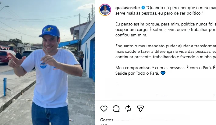 O deputado estadual paraense Gustavo Sefer (PSD) recebeu R$ 380 mil de Rafael Bemerguy Sefer, que entrou para a Lista Suja da escravidão neste ano (Imagem: Reprodução/Redes sociais)