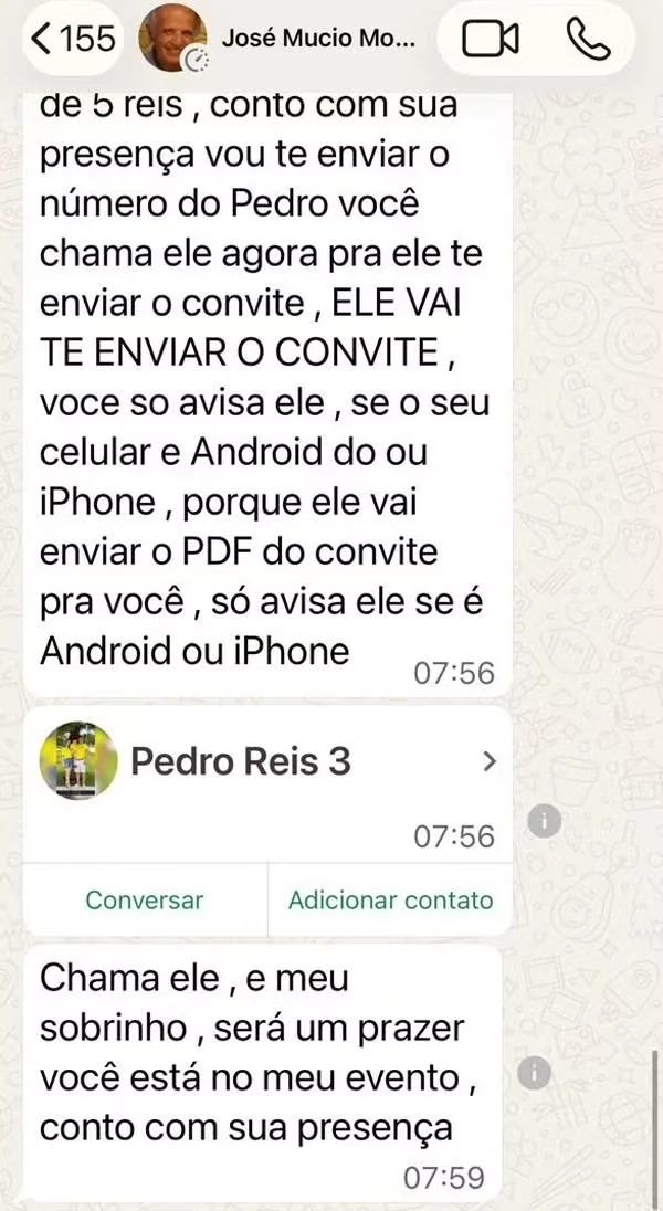 Mensagem enviada por golpistas se passando pelo ministro José Múcio. — Foto: Reprodução