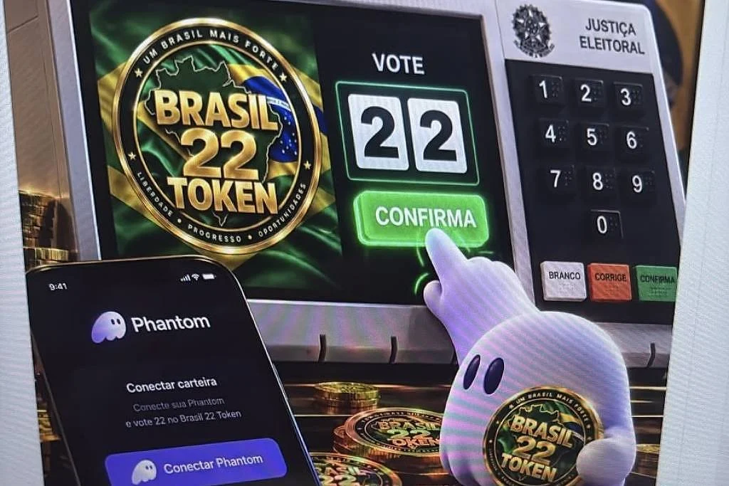 Reprodução de publicação no X mostra criptomoedas B22 e urna eletrônica com voto em Flávio Bolsonaro - reprodução