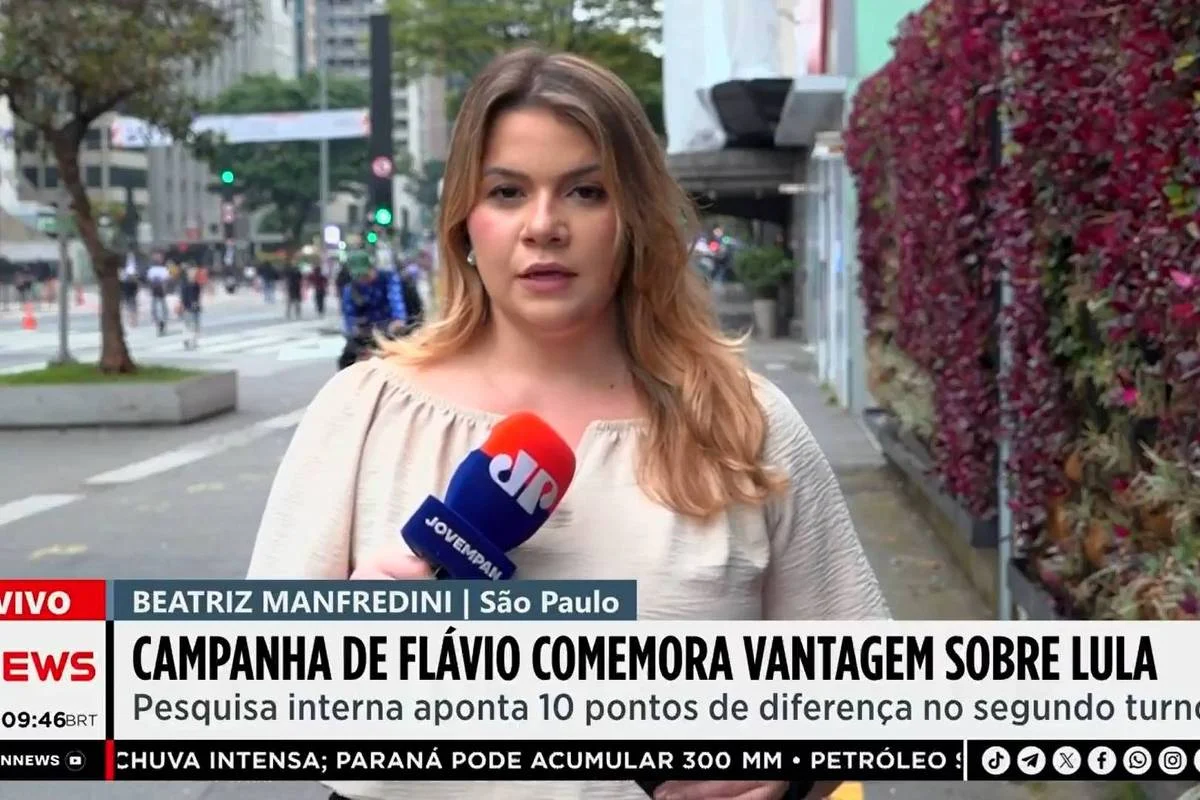 Beatriz Manfredini segura microfone da emissora em transmissão ao vivo na calçada de rua movimentada em São Paulo. Fundo mostra pedestres, árvores e edifícios urbanos. Jovem Pan divulga pesquisa interna de Flávio Bolsonaro - Reprodução/Jovem Pan