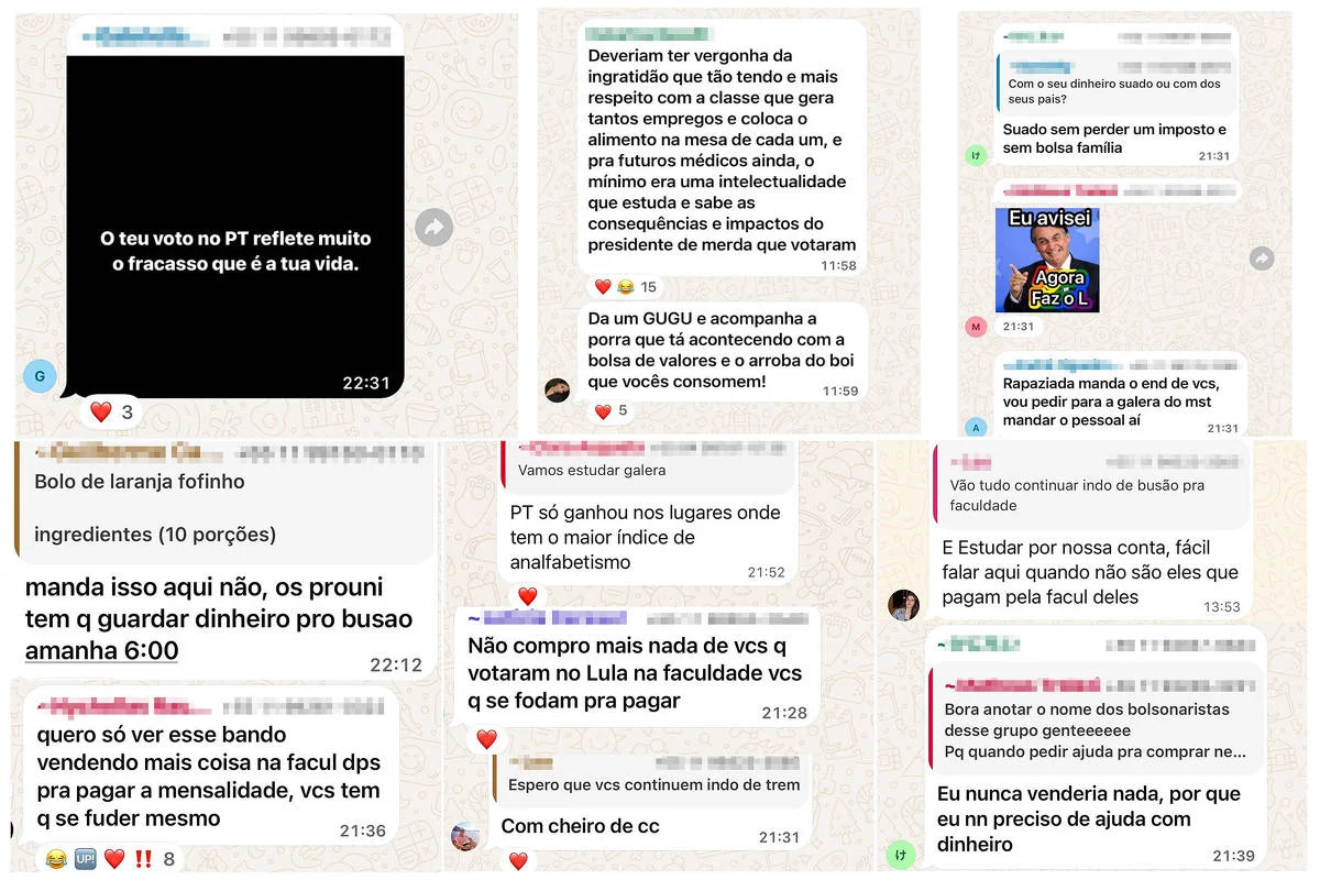 Sequência de mensagens em grupos de WhatsApp com textos críticos ao PT e ao presidente Lula, incluindo acusações de corrupção, comentários sobre votos e educação, além de mensagens informais e memes. As mensagens mostram debates acalorados e expressões de insatisfação política entre os participantes.Mensagens ofensivas contra eleitores de Lula em grupo de estudantes de medicina da Unisa - Reprodução