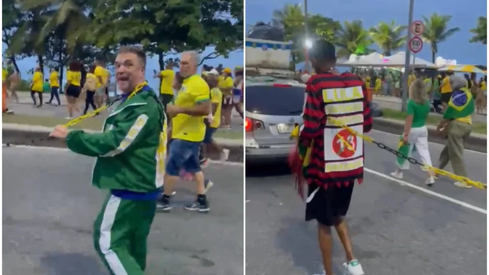 Bolsonarista acorrenta homem negro com adesivo do PT em ato de Flávio Bolsonaro no RJ