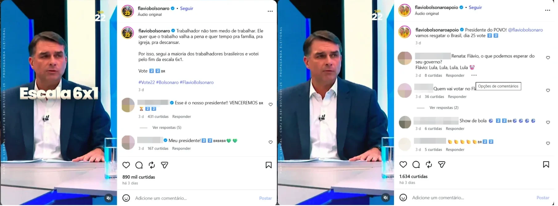 O mesmo corte da entrevista à Globo foi divulgado pelo perfil oficial de Flávio e uma das páginas de apoio com minutos de diferença. A única diferença foi a inclusão de letterings. Foto: Reprodução / Redes sociais