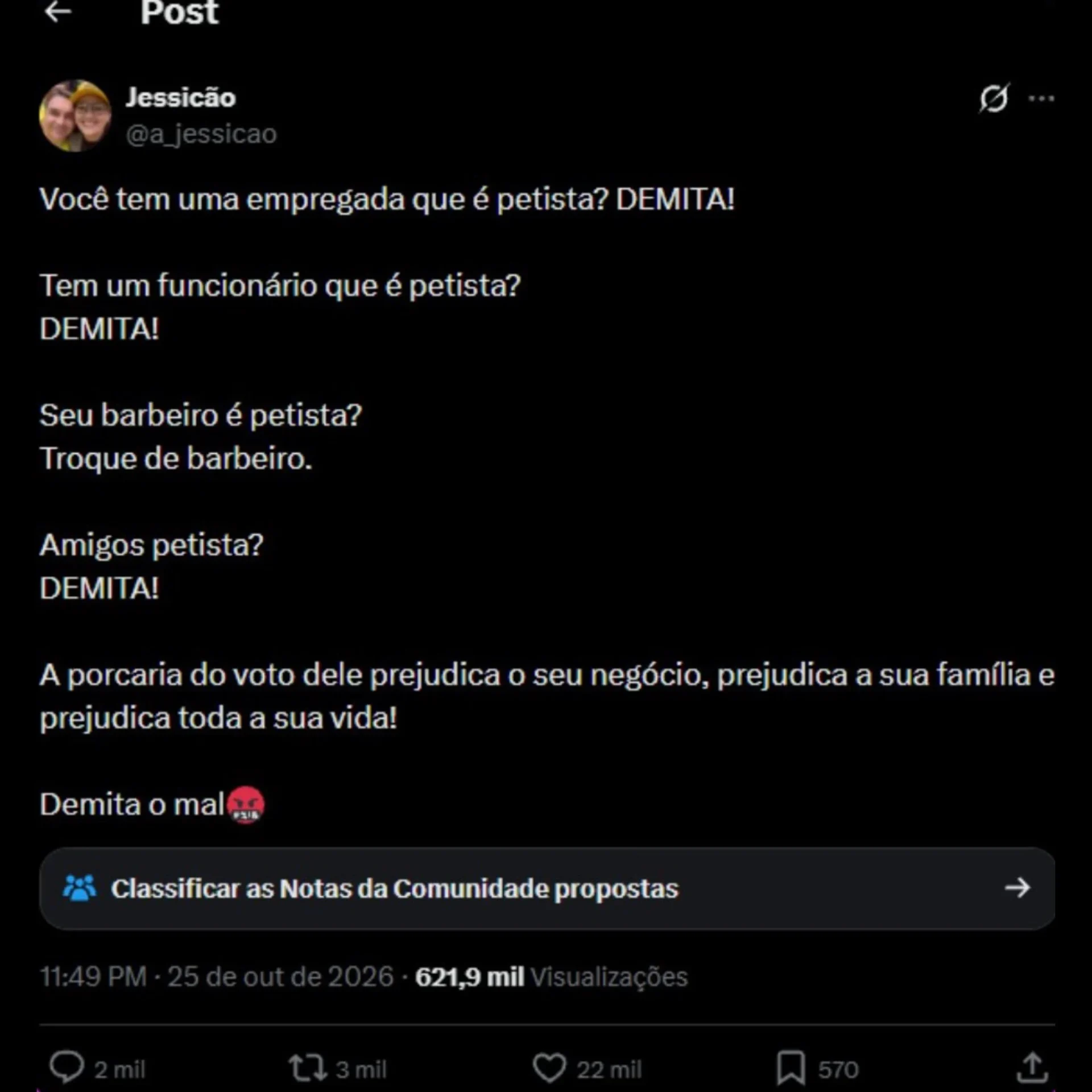 Post de 'Jessicão'. (Foto: Reprodução/X)