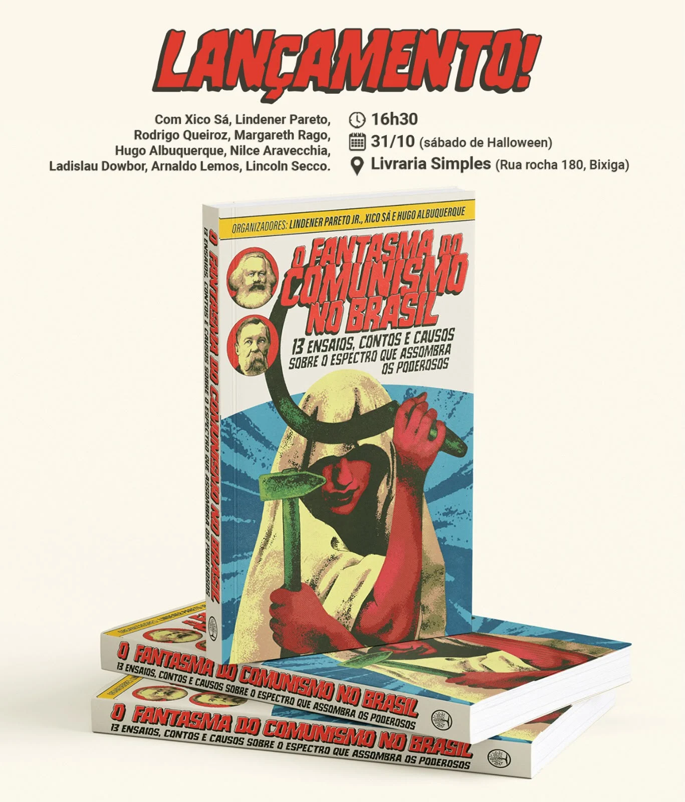 Cartaz de lançamento do livro O fantasma do comunismo no Brasil, com informações sobre autores participantes, data, horário e local do evento, acompanhado de imagem da capa da obra. O lançamento será em 31 de outubro, às 16h30, na Livraria Simples, no Bixiga, em São Paulo.