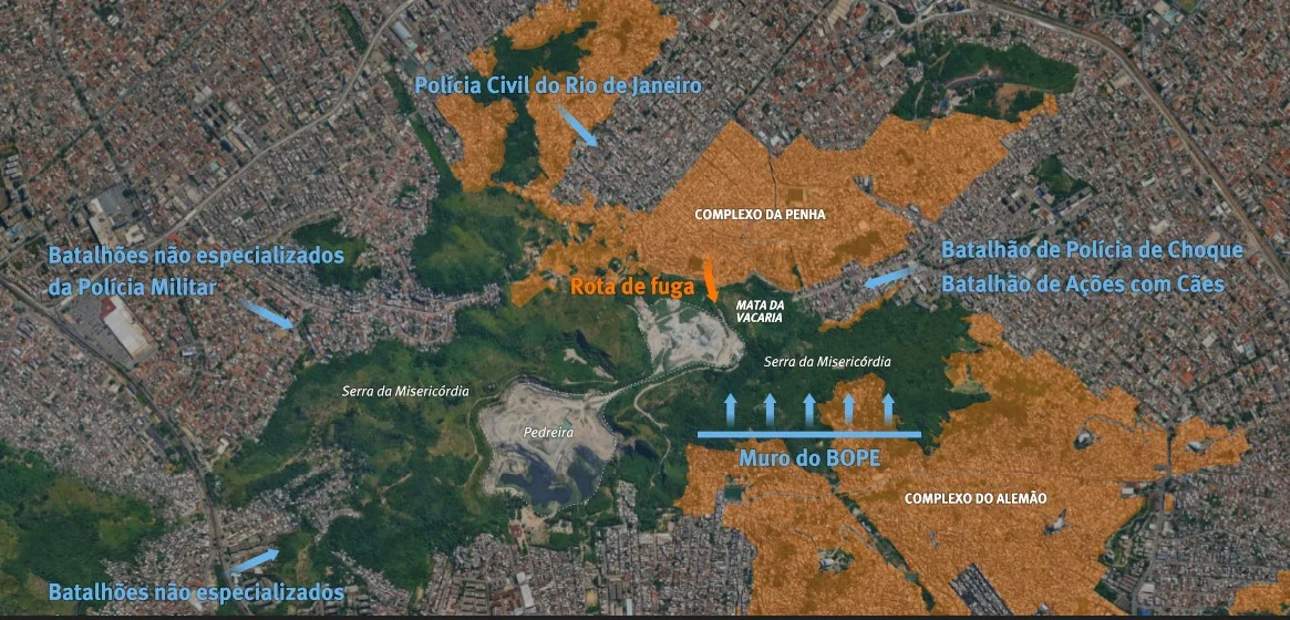 Mapa mostra distribuição do efetivo durante a Operação Contenção