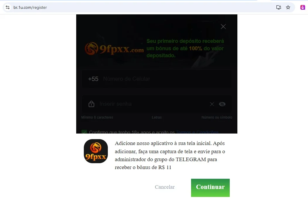Site de bet ilegal pede download de app e confirmação por Telegram para liberar bônus