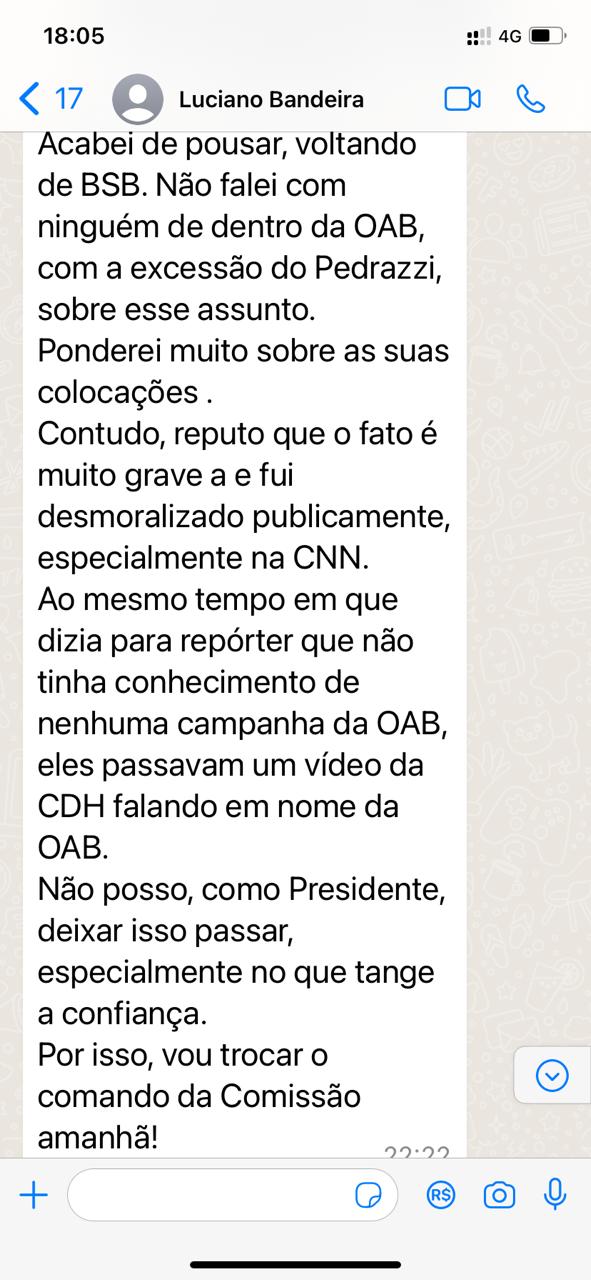 O presidente da OAB-RJ, Luciano Bandeira, escreve a Álvaro Quintão, secretário-geral da instituição, sobre a troca na comissão de DH