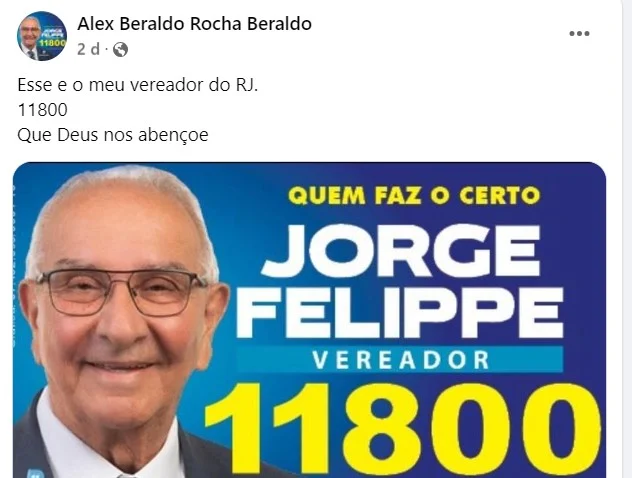 Publicação de Alex Beraldo no Facebook declarando apoio a Jorge Felippe