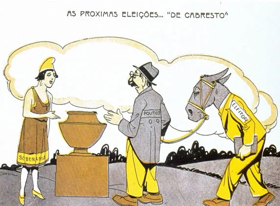 Voto de cabresto, principal ferramenta para a perpetuação do Coronelismo. Ilustração: Storni. 