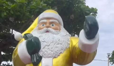 Balneário Camboriú veste Papai Noel de verde e amarelo e gera polêmica