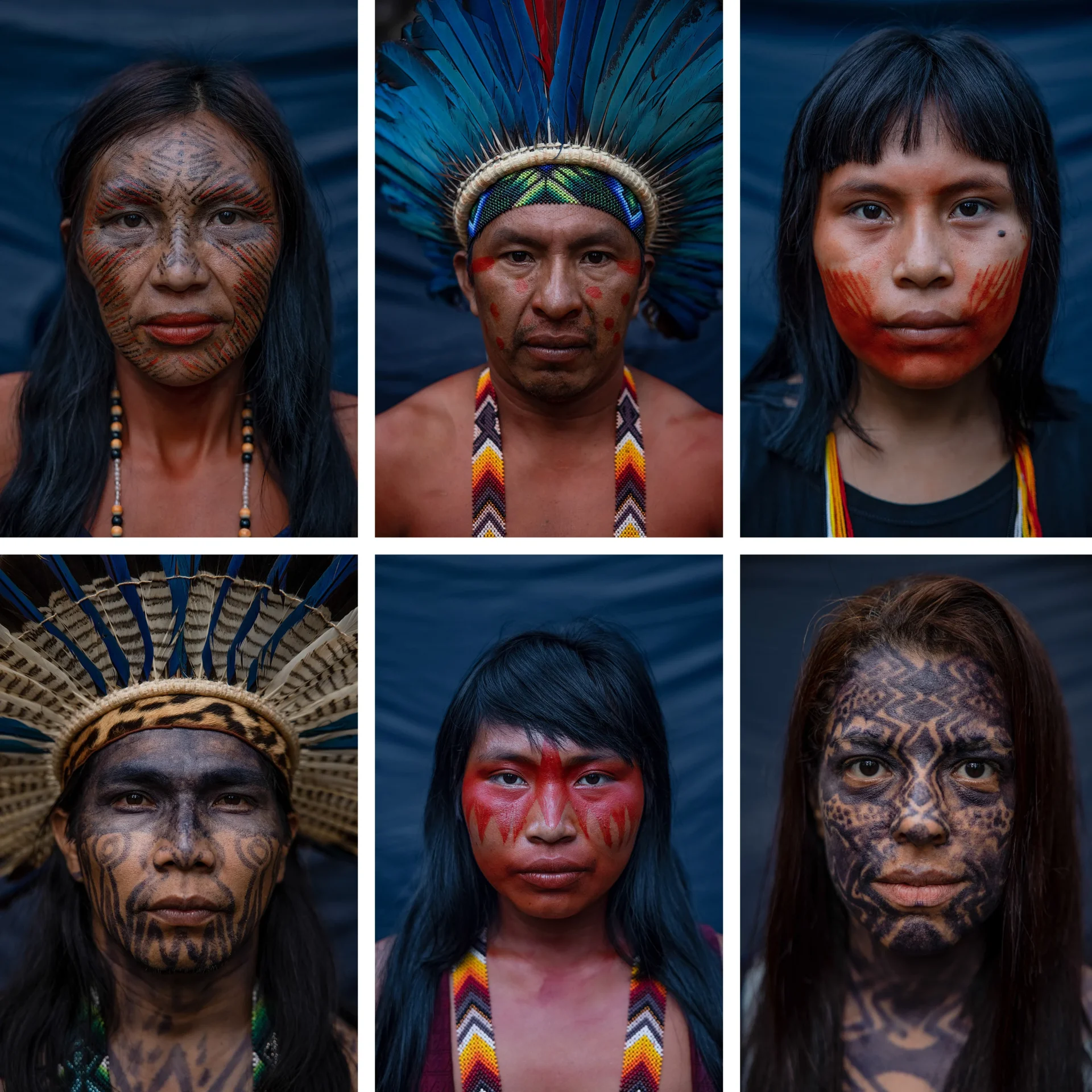 Pinturas faciais dos Yawanawá feitas com pigmentos como o nane preto e o urucum vermelho, extraídos de plantas nativas da Amazônia. Linha superior, da esquerda para a direita: Txáü Kamanawá; pajé Pocha Kamanawá; Rãbü Kamanawá. Linha inferior, da esquerda para a direita: Xinã Yura; Meyö Kamanawá; Érica Txivã Roni (Imagens: Victor Moriyama / Dialogue Earth)